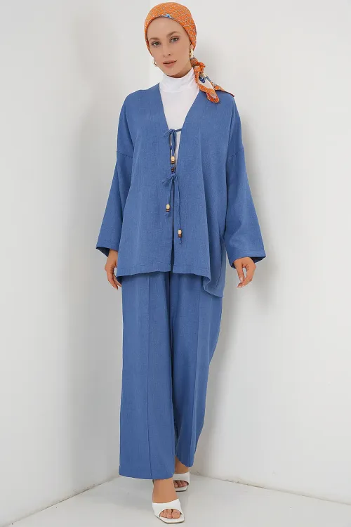 Kadın Keten Kimono İkili Takım 6727 - İndigo