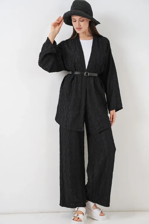 Kadın Kimono Pantolon İkili Takım 30078 - Siyah