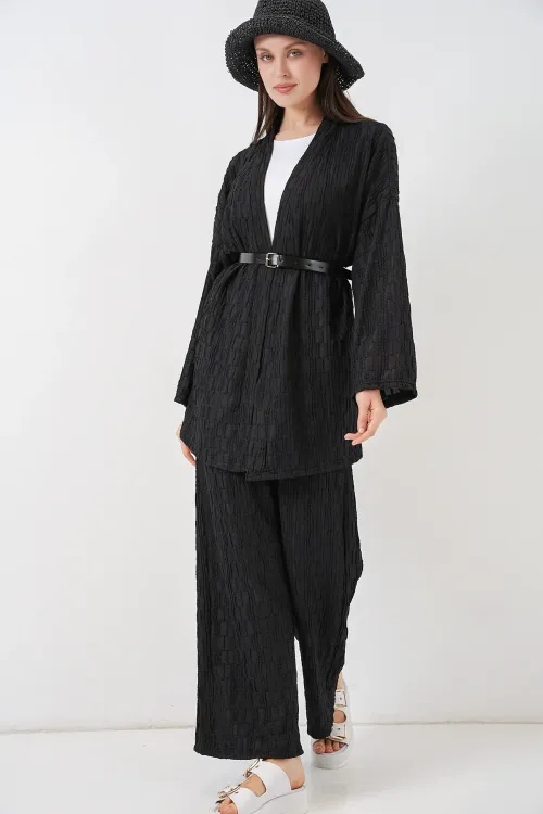Kadın Kimono Pantolon İkili Takım 30078 - Siyah