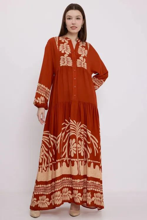 Kadın Kiremit Vizon Viskon Tesettür Elbise 2423