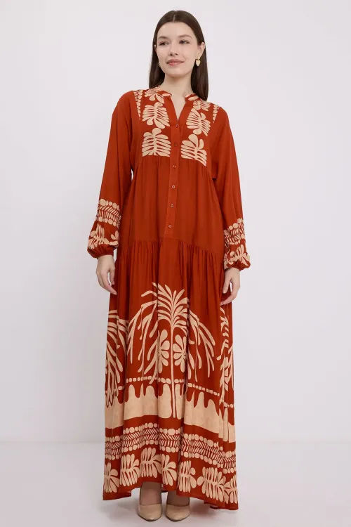 Kadın Kiremit Vizon Viskon Tesettür Elbise 2423