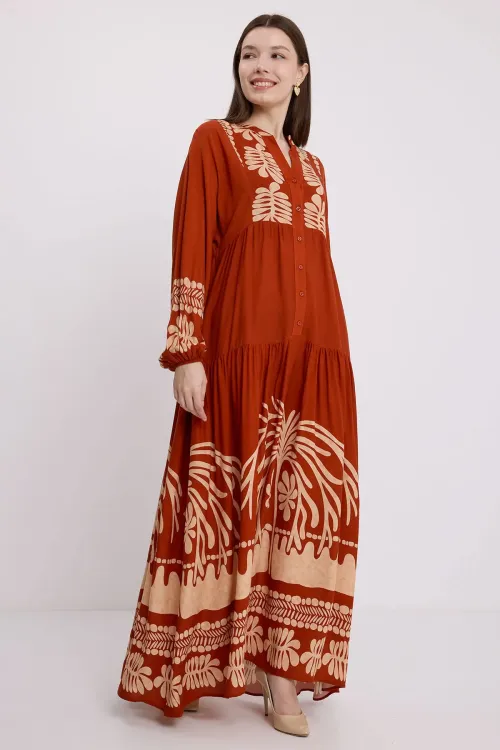 Kadın Kiremit Vizon Viskon Tesettür Elbise 2423