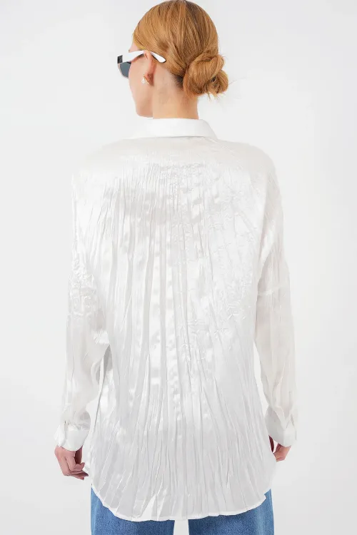 Kadın Kırışık Saten Gömlek 20316 - Beyaz
