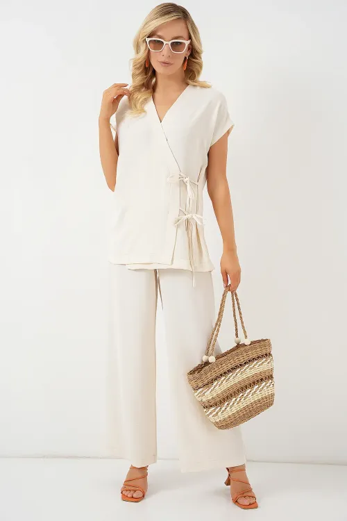 Kadın Kısa Kol Bağcıklı Ayrobin İkili Takım 6741 - Krem