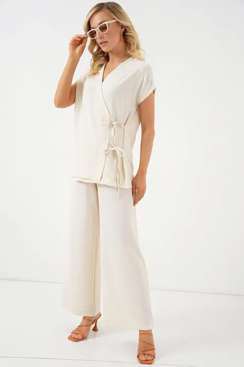 Kadın Kısa Kol Bağcıklı Ayrobin İkili Takım 6741 - Krem
