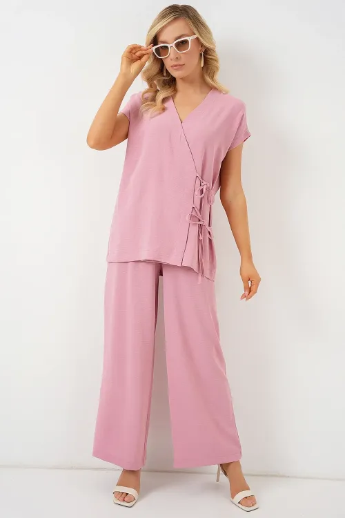Kadın Kısa Kol Bağcıklı Ayrobin İkili Takım 6741 - Pudra