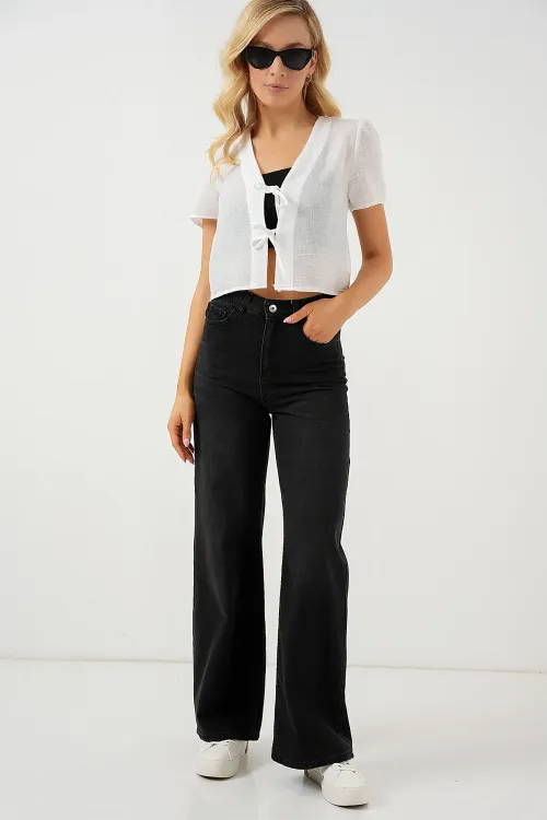 Kadın Kısa Kol Crop Bluz 958 - Beyaz