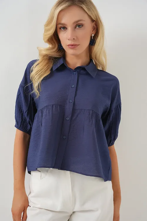 Kadın Kısa Kol Crop Gömlek 20335 - İndigo