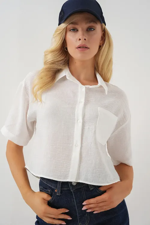 Kadın Kısa Kol Crop Gömlek 20341 - Beyaz