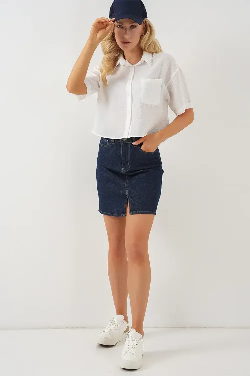 Kadın Kısa Kol Crop Gömlek 20341 - Beyaz