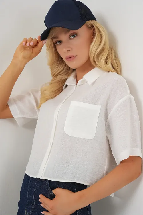 Kadın Kısa Kol Crop Gömlek 20341 - Beyaz