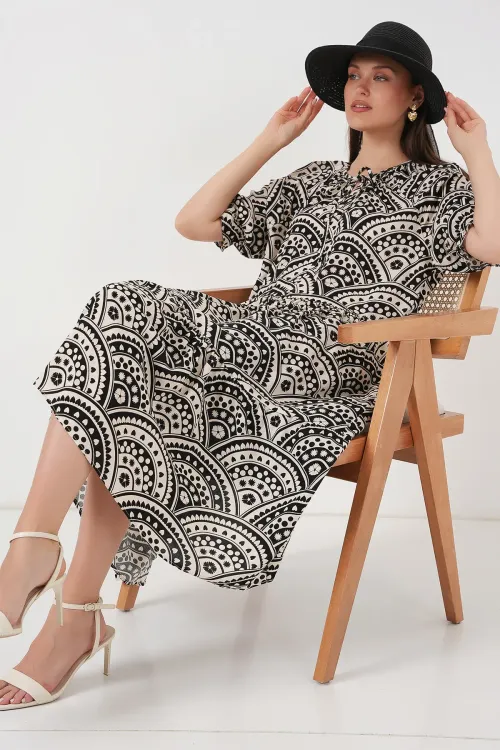 Kadın Kısa Kol Desenli Elbise 2553 - Siyah