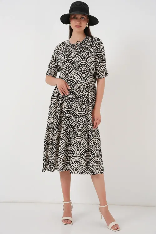 Kadın Kısa Kol Desenli Elbise 2553 - Siyah