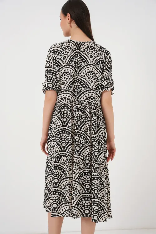 Kadın Kısa Kol Desenli Elbise 2553 - Siyah