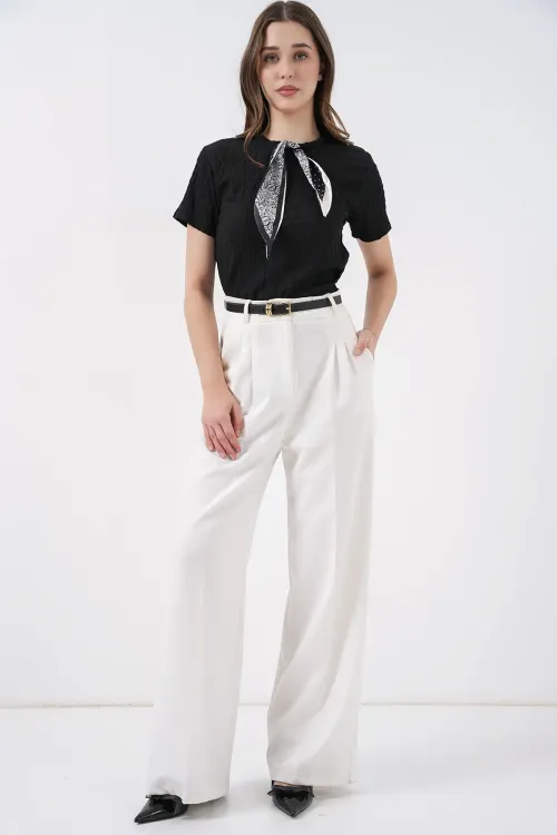 Kadın Kısa Kol Fularlı Örme Bluz 981 - Siyah