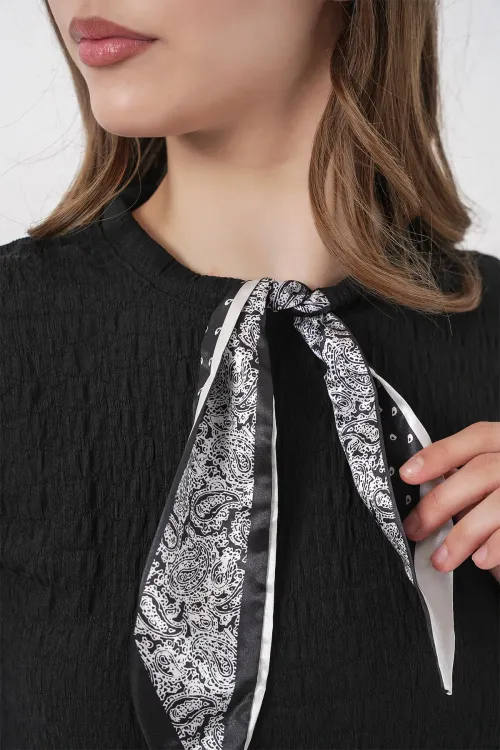 Kadın Kısa Kol Fularlı Örme Bluz 981 - Siyah