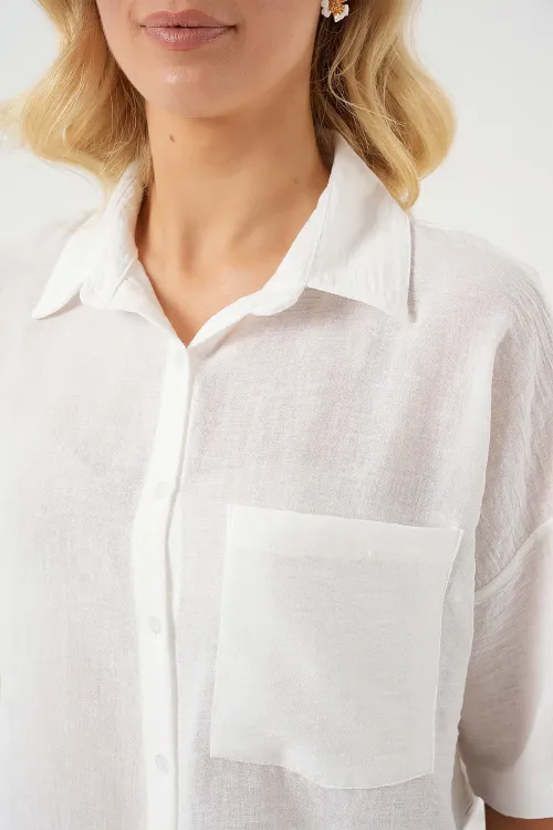 Kadın Kısa Kol Keten Görünümlü Gömlek 20336 - Beyaz