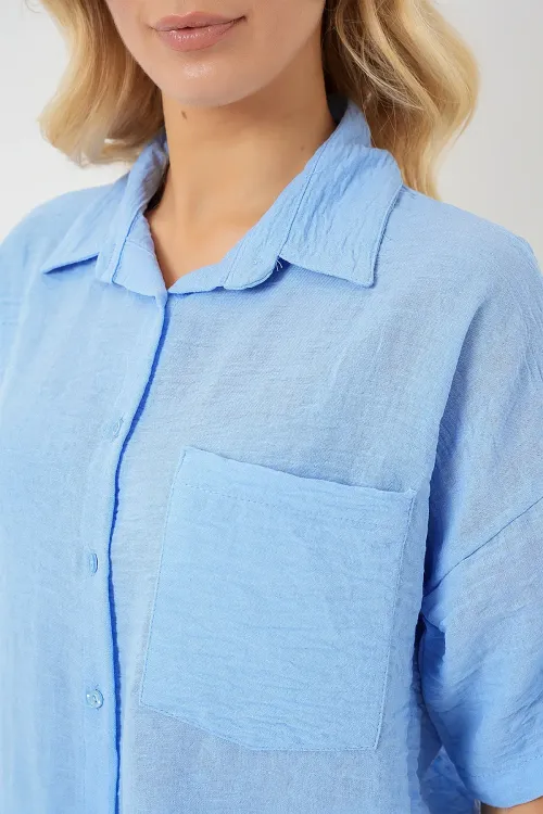 Kadın Kısa Kol Keten Görünümlü Gömlek 20336 - Mavi