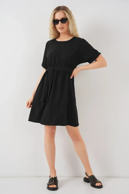 Kadın Kısa Kol Mini Ayrobin Elbise 2572 - Siyah