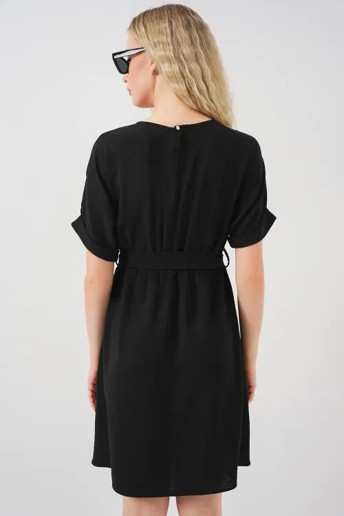 Kadın Kısa Kol Mini Ayrobin Elbise 2572 - Siyah