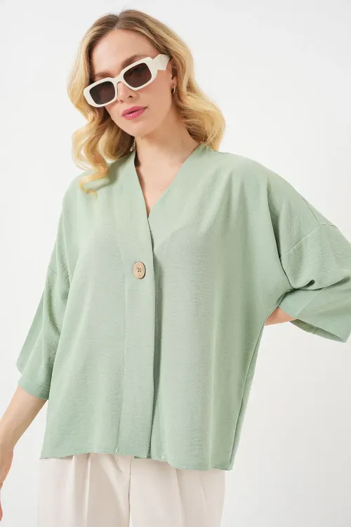 Kadın Kısa Kol Oversize Kimono 5969 - Çağla