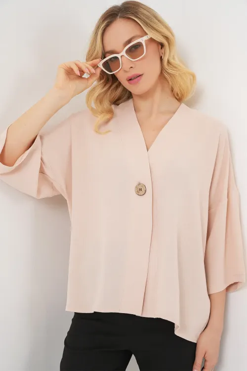 Kadın Kısa Kol Oversize Kimono 5969 - Krem