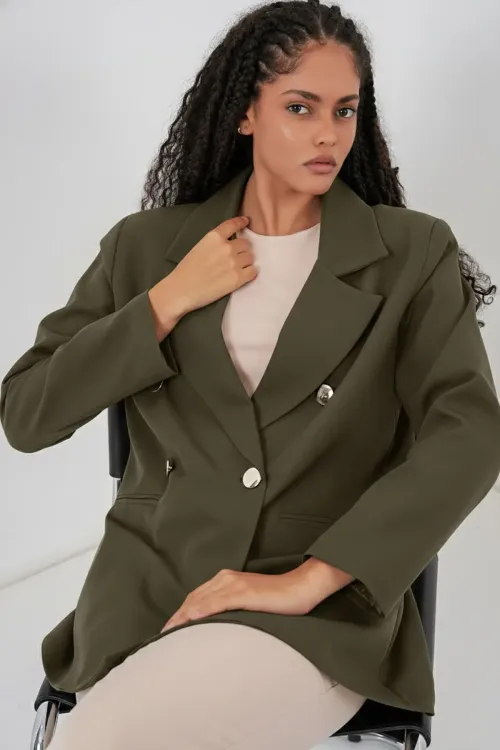 Kadın Kruvaze Yaka Blazer Ceket 0722 - Haki