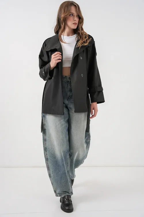 Kadın Kruvaze Yaka Kısa Trençkot 5980 - Siyah
