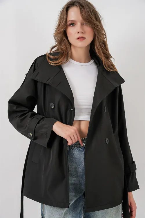 Kadın Kruvaze Yaka Kısa Trençkot 5980 - Siyah