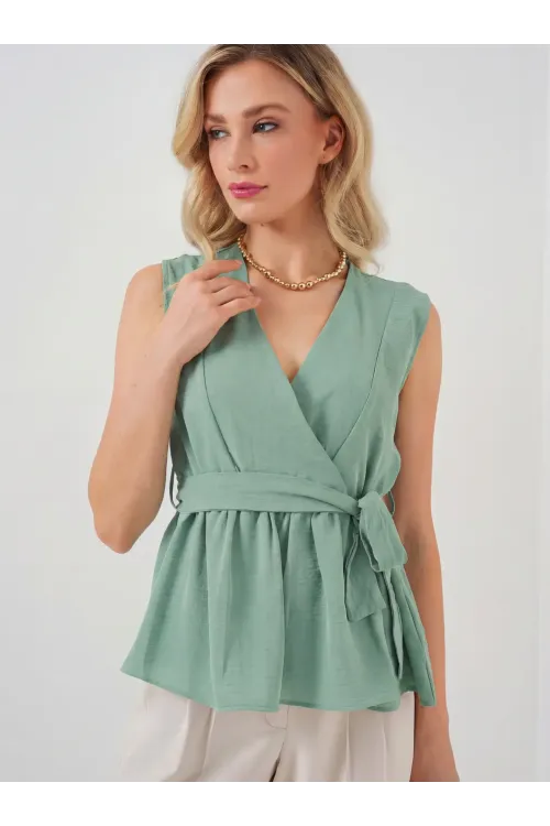 Kadın Kruvaze Yaka Kolsuz Bluz 966 - Çağla