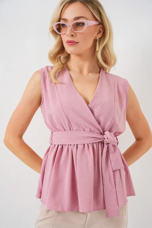 Kadın Kruvaze Yaka Kolsuz Bluz 966 - Pudra