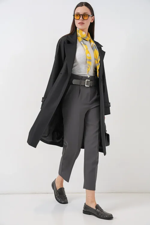 Kadın Kruvaze Yaka Trençkot 5987 - Siyah