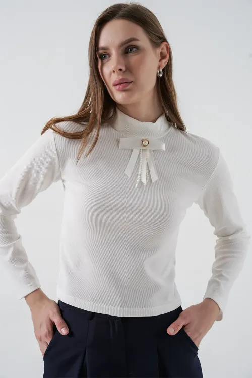 Kadın Kurdale Detay Uzun Kollu Bluz 977 - Beyaz