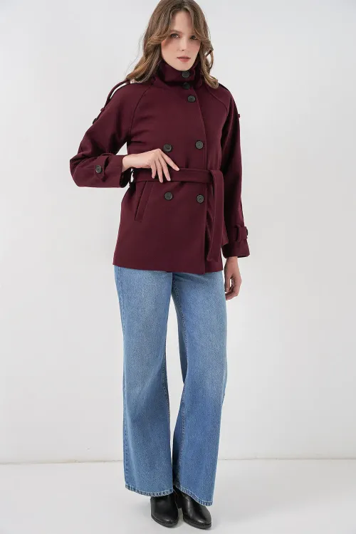 Kadın Kuşaklı Kaşe Kaban 9162 - Bordo