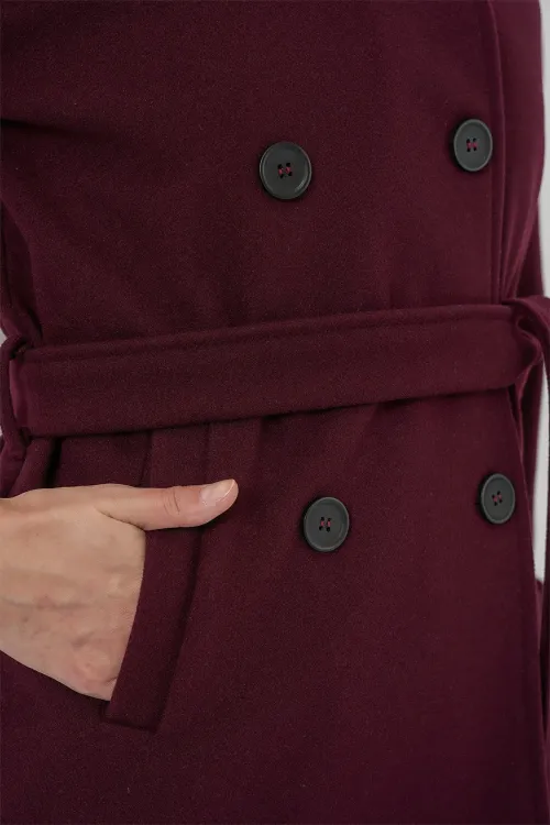 Kadın Kuşaklı Kaşe Kaban 9162 - Bordo
