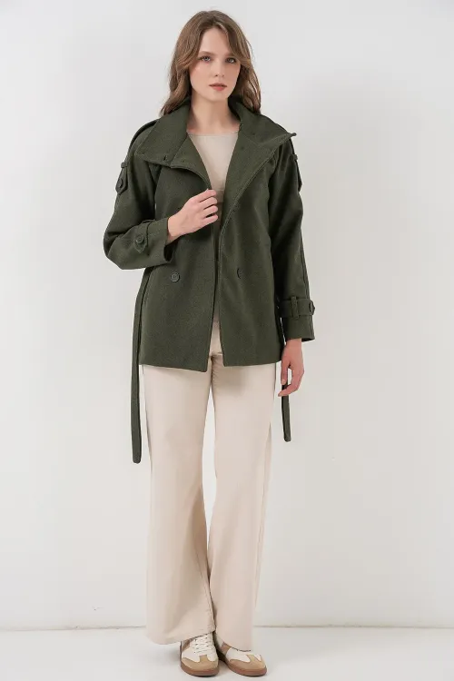 Kadın Kuşaklı Kaşe Kaban 9162 - Haki