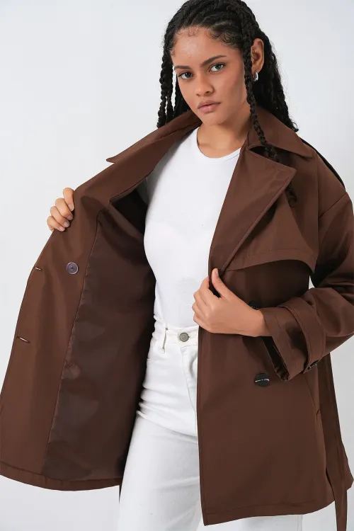 Kadın Kuşaklı Kısa Trençkot 5974 - Kahverengi