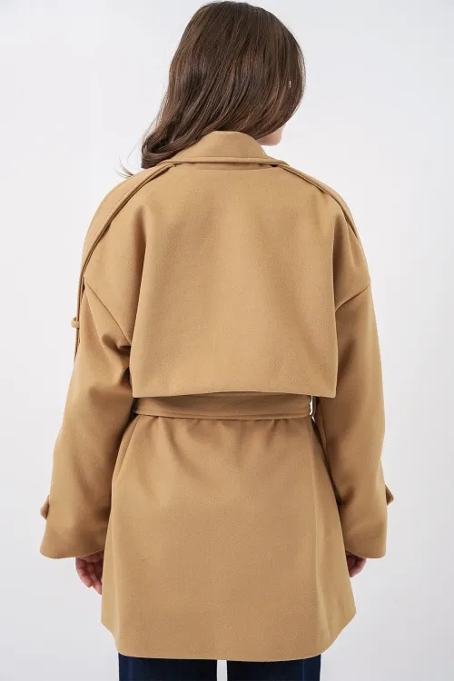 Kadın Kuşaklı Oversize Kaşe Kaban 9157 - Hardal