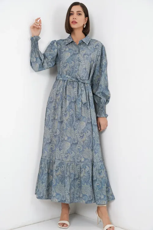 Kadın Kuşaklı Tesettür Elbise 2589 - Mint