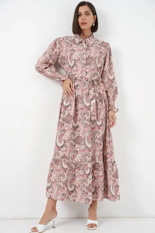 Kadın Kuşaklı Tesettür Elbise 2589 - Pembe