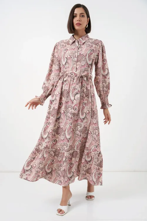 Kadın Kuşaklı Tesettür Elbise 2589 - Pembe