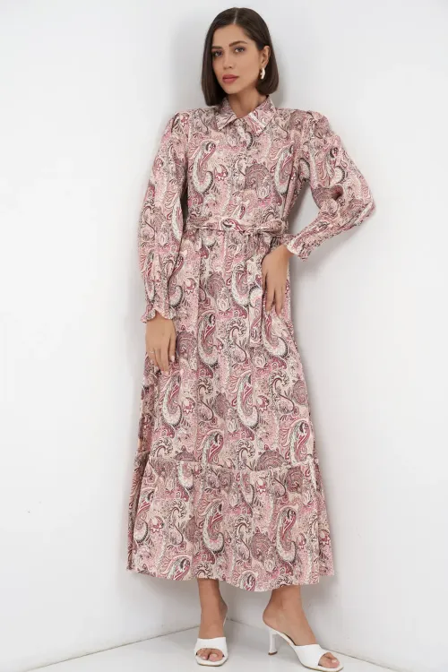 Kadın Kuşaklı Tesettür Elbise 2589 - Pembe