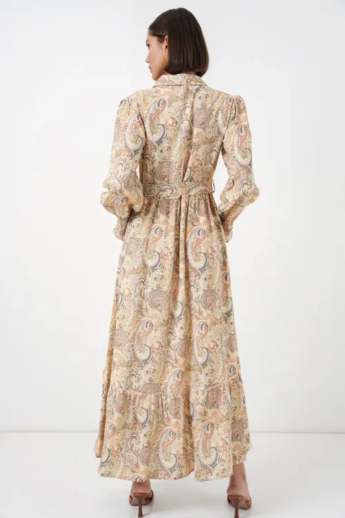 Kadın Kuşaklı Tesettür Elbise 2589 - Sarı