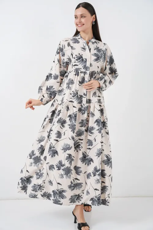 Kadın Lilyum Kumaş Uzun Tesettür Elbise 2593 - Gri