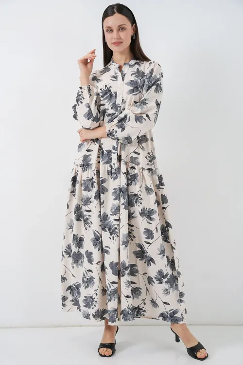 Kadın Lilyum Kumaş Uzun Tesettür Elbise 2593 - Gri