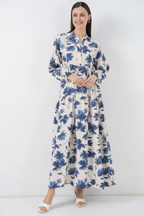 Kadın Lilyum Kumaş Uzun Tesettür Elbise 2593 - İndigo