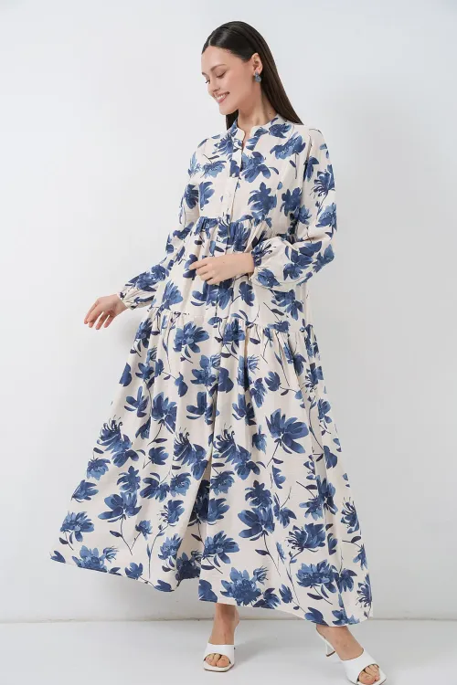 Kadın Lilyum Kumaş Uzun Tesettür Elbise 2593 - İndigo