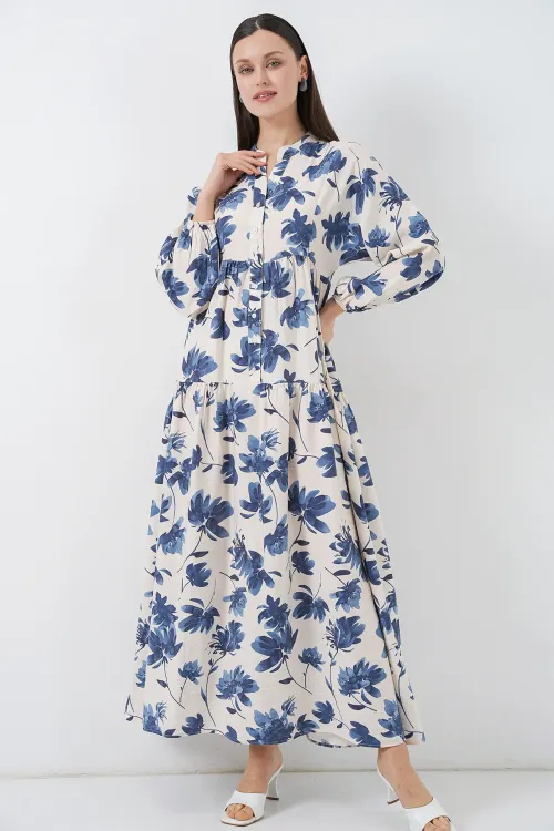 Kadın Lilyum Kumaş Uzun Tesettür Elbise 2593 - İndigo