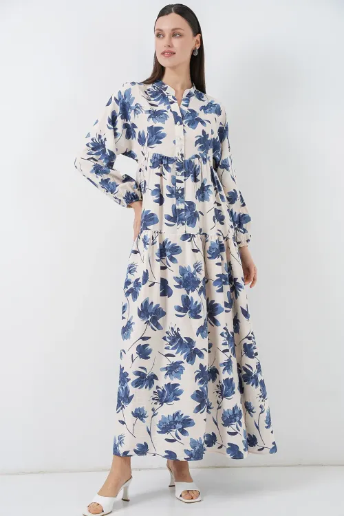 Kadın Lilyum Kumaş Uzun Tesettür Elbise 2593 - İndigo