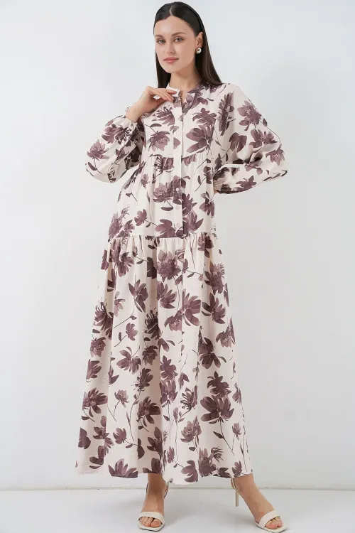 Kadın Lilyum Kumaş Uzun Tesettür Elbise 2593 - Kahverengi